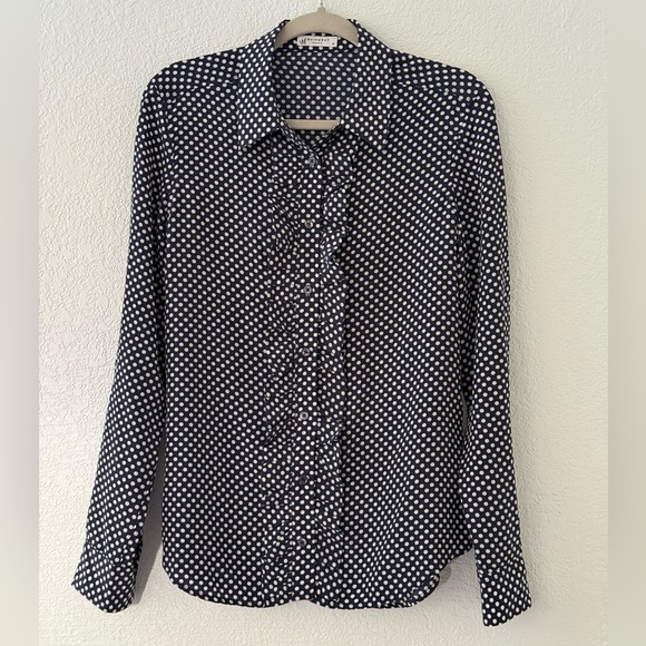Equipment Blue & White Polka Dot Long Sleeve Front Ruffle Silk Top Size M - Picture 1 of 16